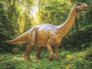 Fototapeta premium Majestic Dinosaur in Sunlit Forest Clearing, Vibrant Prehistoric Landscape with Lush Greenery