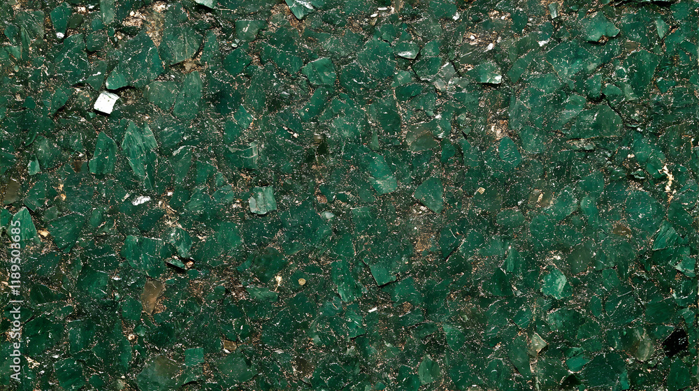 Poster deep green gemstone aggregate, close-up texture shot of a surface composed of many small, irregularl