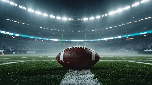American Football Field: The anticipation of a thrilling game is palpable in this dramatic photo of an American football lying alone on the turf of a brightly lit stadium.