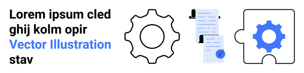 Gear, documents with blue check mark, white puzzle piece with blue gear. Ideal for teamwork, workflow, documentation, problem-solving, business processes, strategic planning, project management