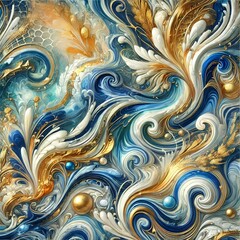 A vibrant abstract composition with swirling waves of fluid paint in shades of blue, gold, and white