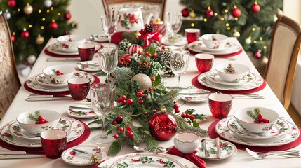 Elegant holiday dining table with festive christmas decorations and tableware.