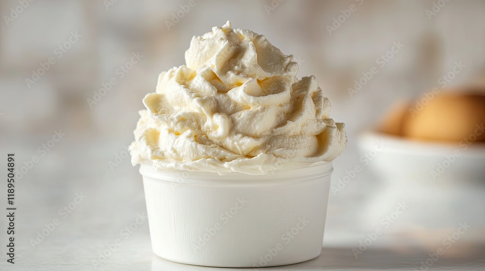 Aufkleber small container of smooth mascarpone cheese with its creamy surface positioned on bright white backg