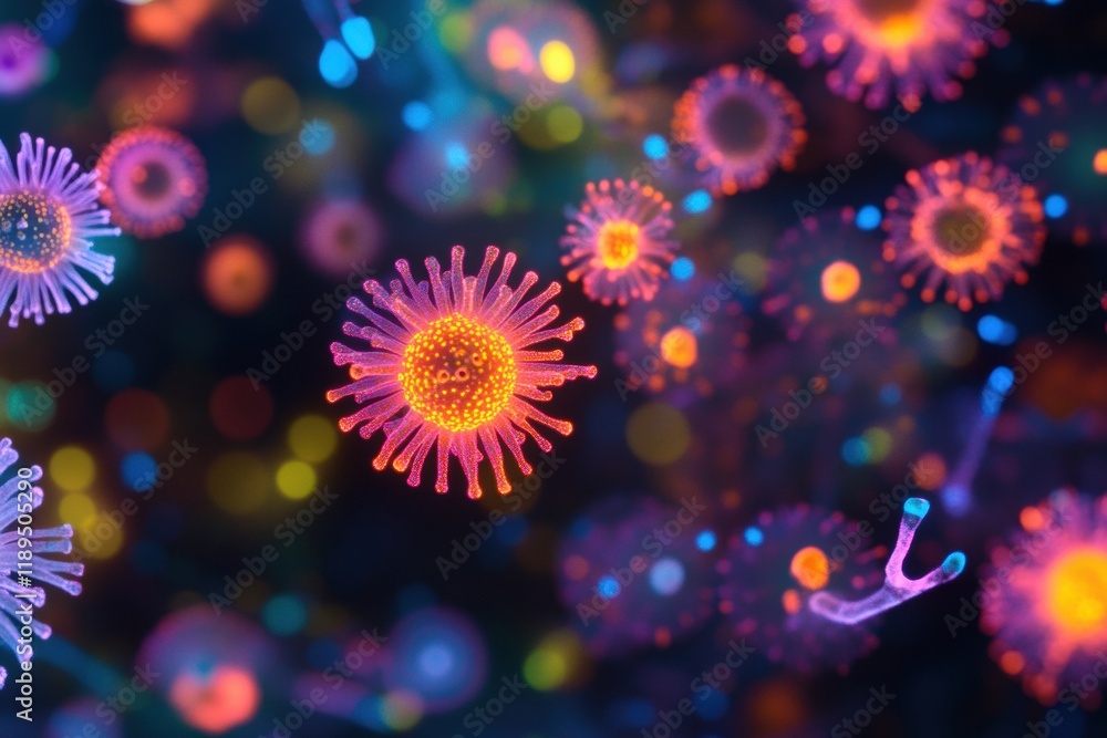 Poster viruses interacting with human cells in a colorful representation of cellular biology. generative ai