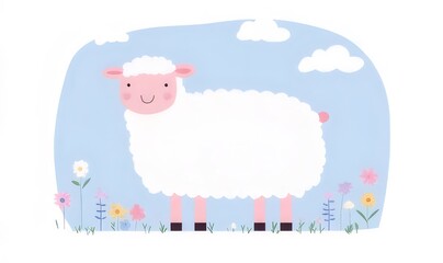 Cute cartoon sheep in a meadow with flowers and blue sky.