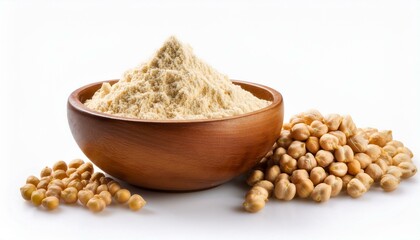 chickpea powder chick pea flour in wooden bowl and dry chickpeas isolated on white background