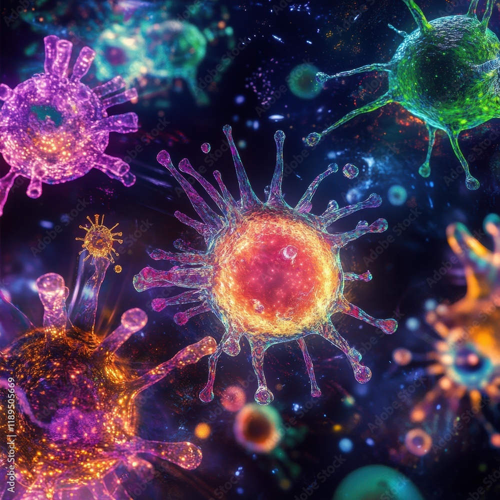 Poster viruses interacting with cells in a colorful, microscopic environment observed in a detailed scienti