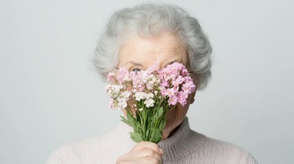 Elderly Woman Holding a Bouquet of Colorful Flowers Against a Minimalist Background 11