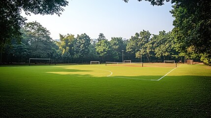 Fototapeta premium Empty Soccer Field Surrounded by Trees on a Sunny Day with Clear Blue Skies and Sunshine