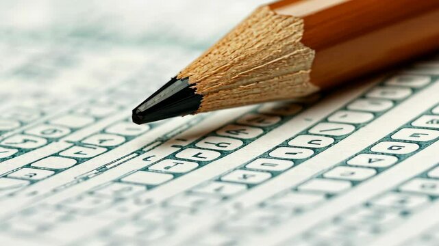 Close-up of a sharpened pencil placed on a standardized test answer sheet during a study session