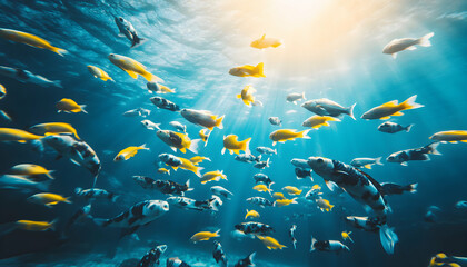 Vibrant shoal of colorful koi carp swimming in crystal-clear underwater scene, sunbeams illuminating the water.