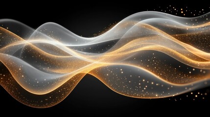 Fototapeta premium Abstract gold and white wave with sparkles on black background.