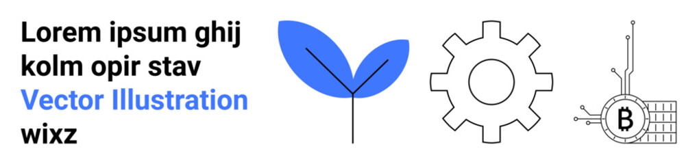Leaf, gear, and Bitcoin symbol highlight key design and technology themes. Ideal for fintech, sustainability, engineering, startups, digital marketing, innovation, and educational content. Landing