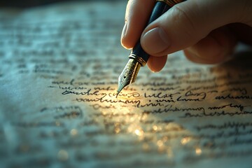 Writing a Letter With a Fountain Pen on Aged Paper Under Warm Light in a Cozy Environment