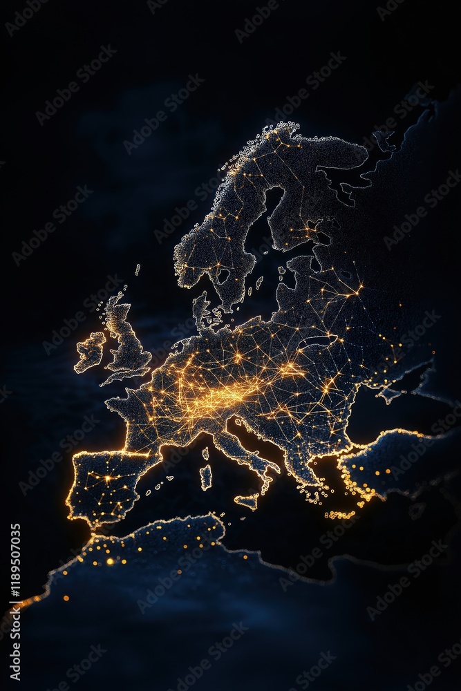 Poster digital illuminated map of europe. city lights interconnected by network. abstract design showing ge
