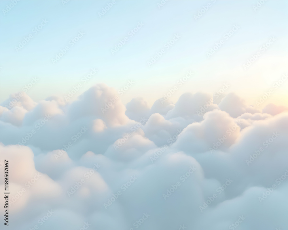 Poster serene aerial view of fluffy white clouds illuminated by soft sunlight, creating a peaceful and drea