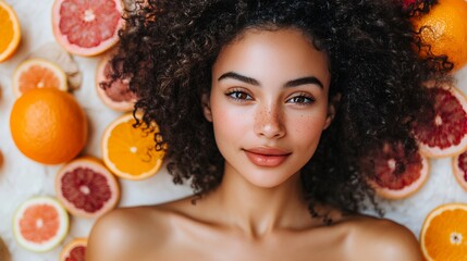 Natural Beauty Portrait Surrounded by Fresh Citrus Fruits Showcasing a Vibrant and Healthy Lifestyle in a Bright, Colorful Setting