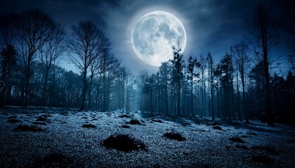 full moon over darkish spooky woodland at night