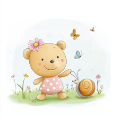 Naklejka premium Cute bear character in polka dot dress with flower, interacting with snail and surrounded by butterflies and flowers in whimsical garden setting