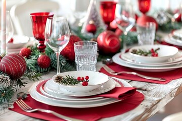 Elegant christmas table setting with red and white decorations for a festive holiday dinner.