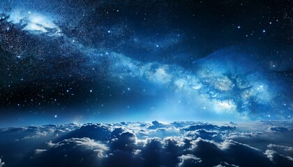 blue nebula with stars and galaxies inside the background glowing like fireflies black sky complex patterns of starlight shadows on distant celestial front cloud structure debris