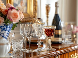 Elegant Crystal Glassware and Floral Arrangement on a Wooden Table in a Luxurious Setting for a Celebration