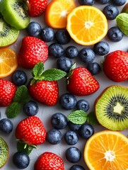 Obraz premium Fresh Fruits Arranged in a Beautiful Display Showcasing Vibrant Colors and Natural Elements on a Light Background