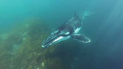 Fototapeta premium a humpback whale swims through ocean water
