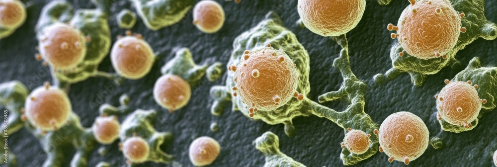 Poster close up view of microbes on everyday surfaces like door handles smartphones in urban environments. 