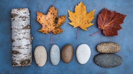Autumn Still Life- Birch Log, Colorful Leaves, and Smooth Stones