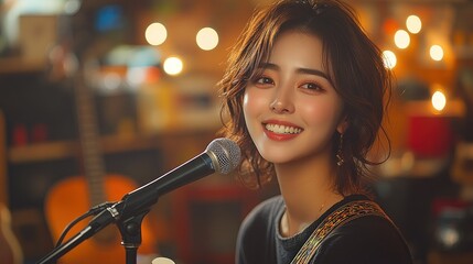 Smiling woman singing into microphone in music studio.