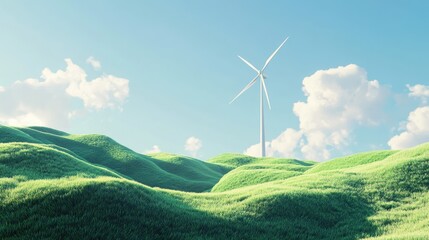 Obraz premium A serene landscape featuring rolling green hills and a wind turbine under a bright sky.