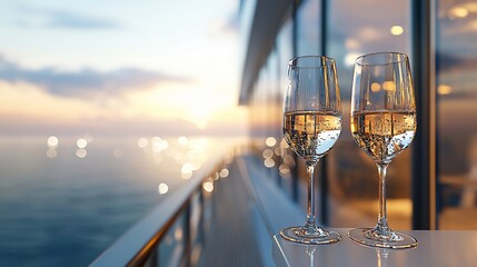 Obraz premium Two champagne flutes on a yacht at sunset.