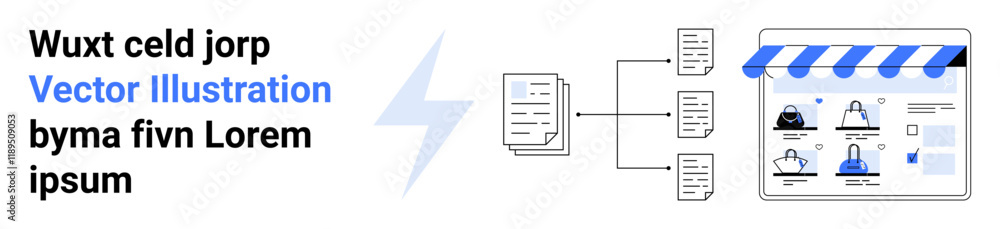 Poster documents transferring between icons and e-commerce website interface with a storefront, icons, and 