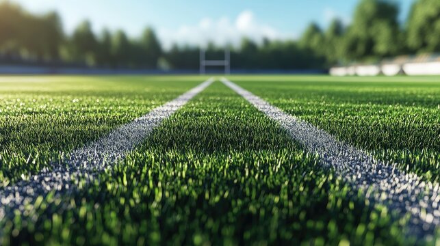A close-up view of a rugby field with white lines on lush green grass.