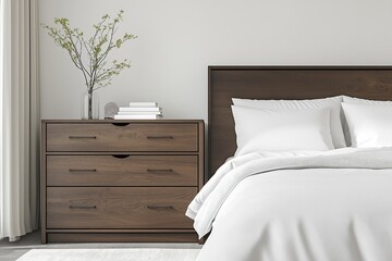 Custom modern dresser with open shelving and storage compartments, set in a clean, minimalist bedroom interior, next to a large bed with white linen bedding and subtle recessed lighting.