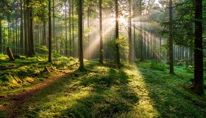 Fototapeta premium beautiful rays of sunlight in a green forest