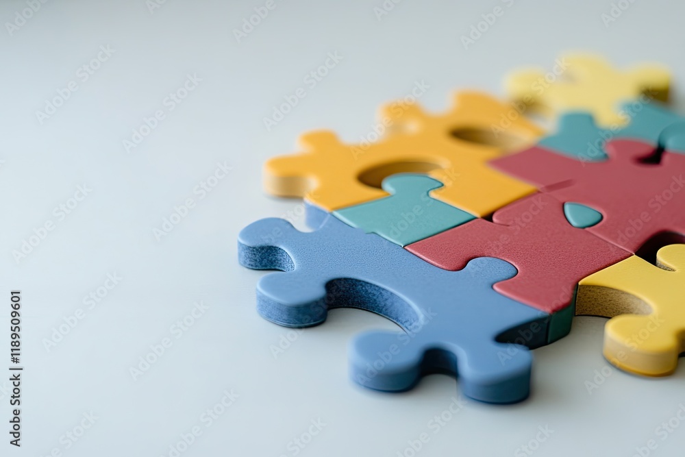 Aufkleber symbolic depiction of interconnected puzzle pieces in diverse colors placed neatly on smooth white s