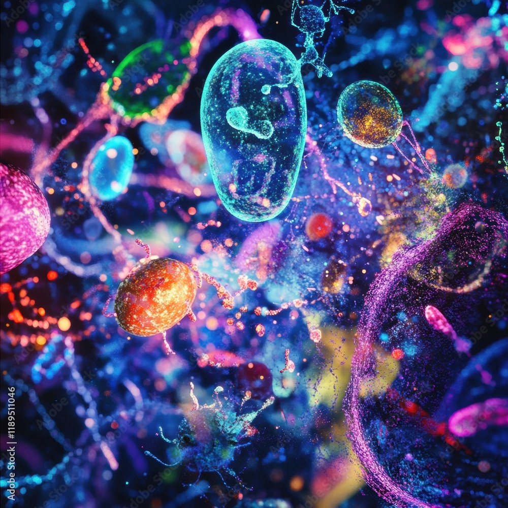 Poster detailed visualization of viruses interacting with host cells under a colorful microscopic perspecti