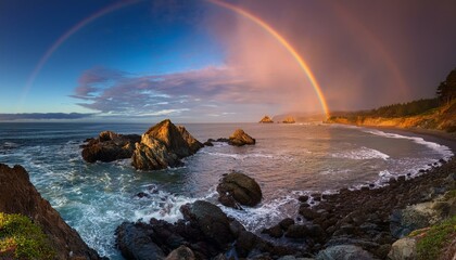 rainbow sunset at a rocky seashore northern california coast
