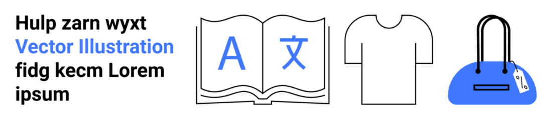 Open book with letters, white t-shirt, and blue handbag with tag. Ideal for fashion, literature, language learning, retail, education branding marketing. Landing page