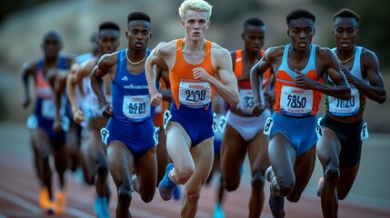 Fototapeta premium Determined male athletes competing on outdoor track, displaying effort and perseverance