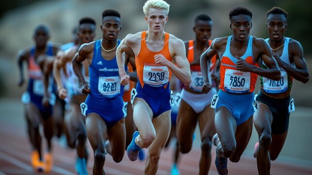Determined male athletes competing on outdoor track, displaying effort and perseverance
