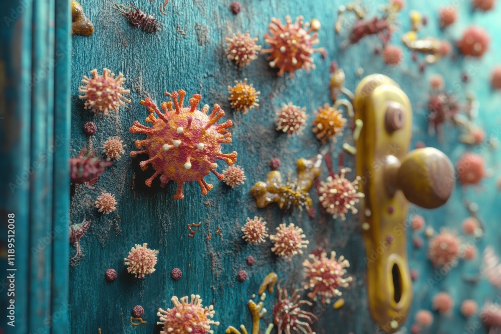 Aufkleber Microscopic view of microbes on common surfaces like door handles and smartphones showing diverse forms of life. Generative AI