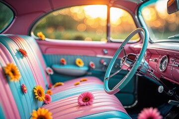 Retro car interior with colorful blooming flowers and steering wheel	
