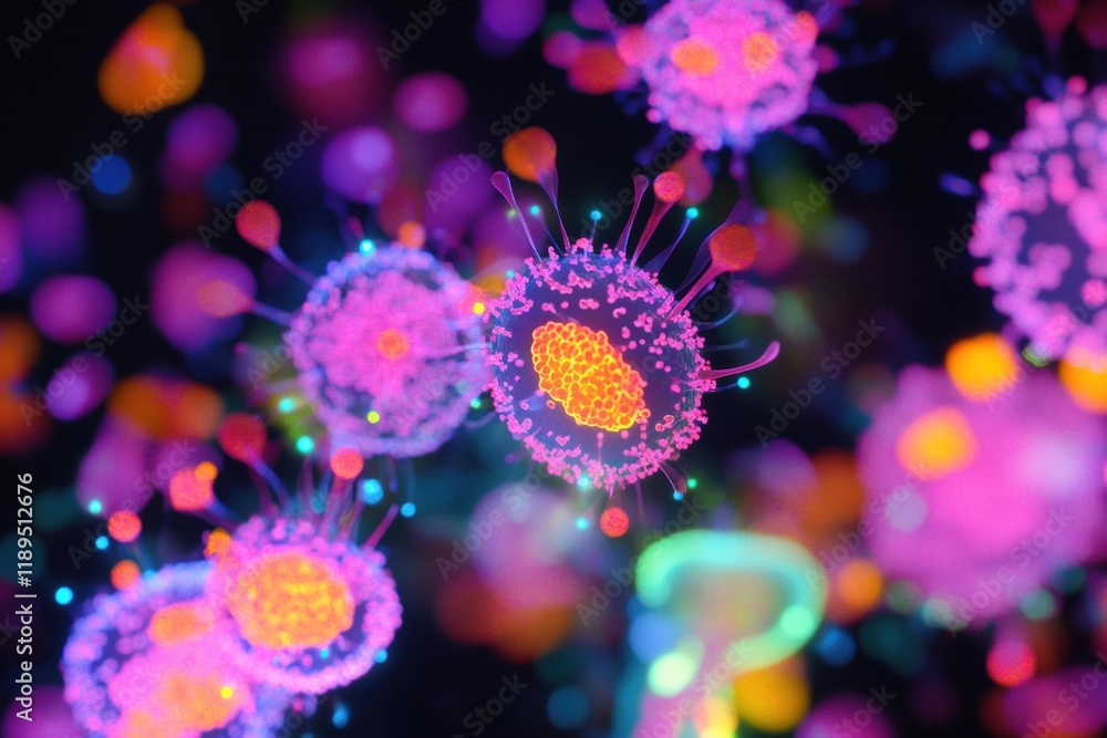 Poster viruses engaging with host cells in a vibrant microscopic environment showcasing cellular interactio