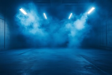 Obraz premium A dark, empty street with abstract blue asphalt serves as a backdrop for a studio room with neon lights, spotlights, and smoke, creating an interior texture for product displays