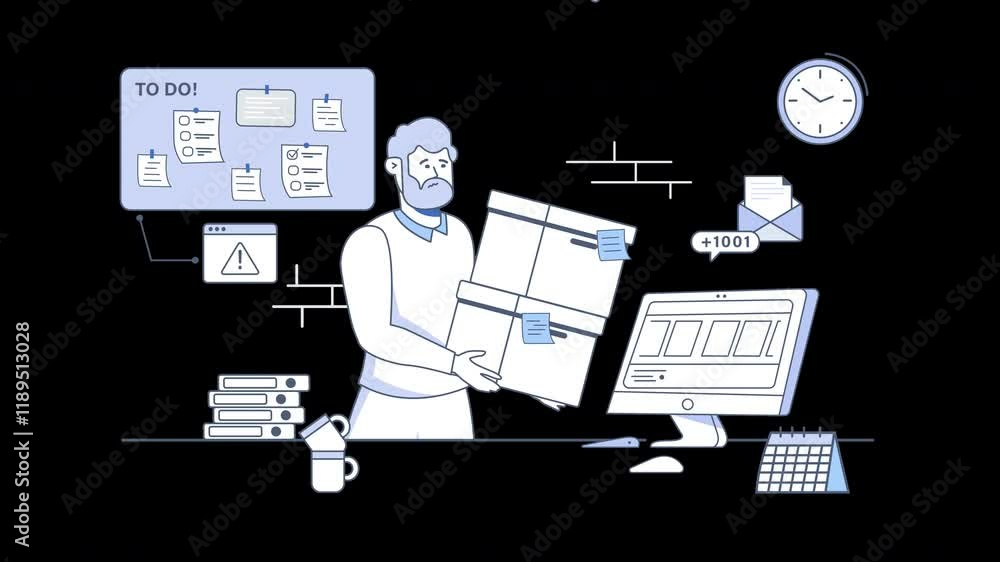 Poster a european man in an office handling boxes with documents and digital tools around him.
