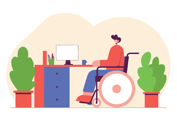 Employee sitting in wheelchair and working in office Disabled person employment concept design