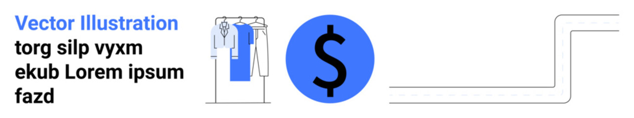 Clothing rack with hanging outfits next to a blue dollar sign. Ideal for e-commerce, online shopping, fashion retail, financial transactions, digital marketing, price tags, and website design